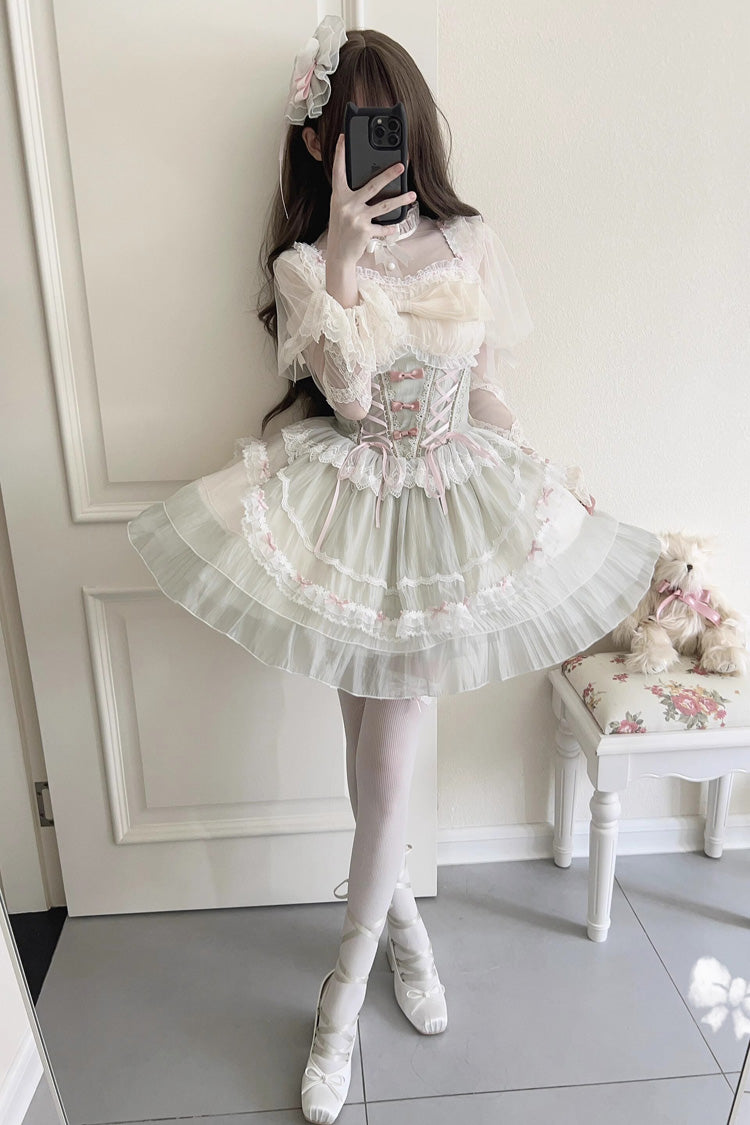 Sweet Lolita JSK - Light Green Camellia Decoration, Green, Lace-Up, Bow Detail, Lace Trim - additional product view 4