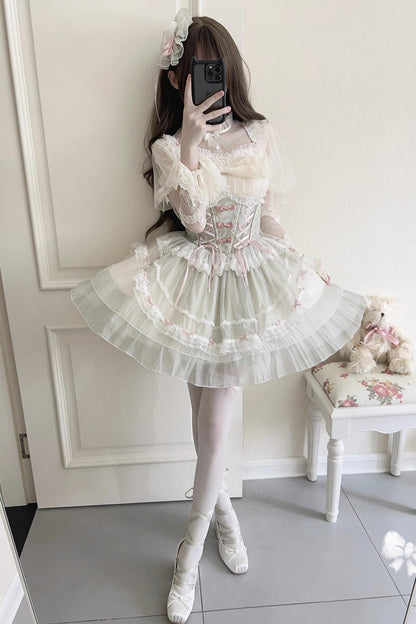 Sweet Lolita JSK - Light Green Camellia Decoration, Green, Lace-Up, Bow Detail, Lace Trim - additional product view 4