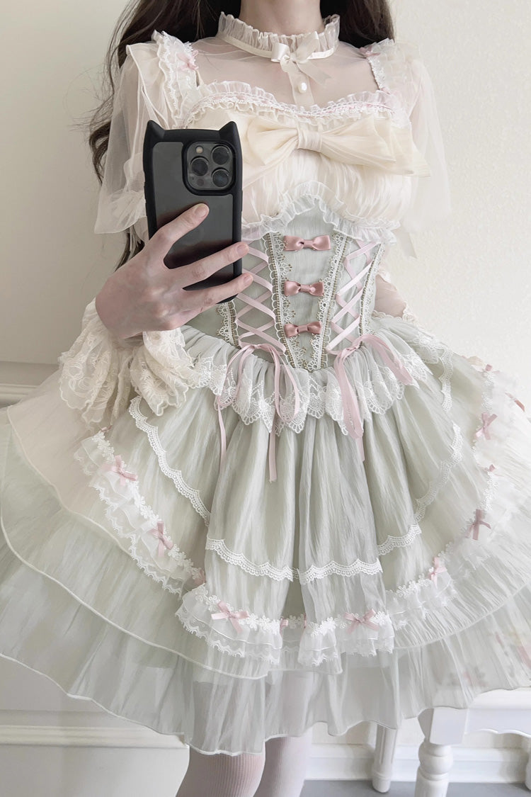 Sweet Lolita JSK - Light Green Camellia Decoration, Green, Lace-Up, Bow Detail, Lace Trim - additional product view 5