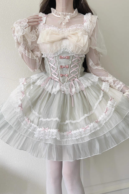 Sweet Lolita JSK - Light Green Camellia Decoration, Green, Lace-Up, Bow Detail, Lace Trim - main product image