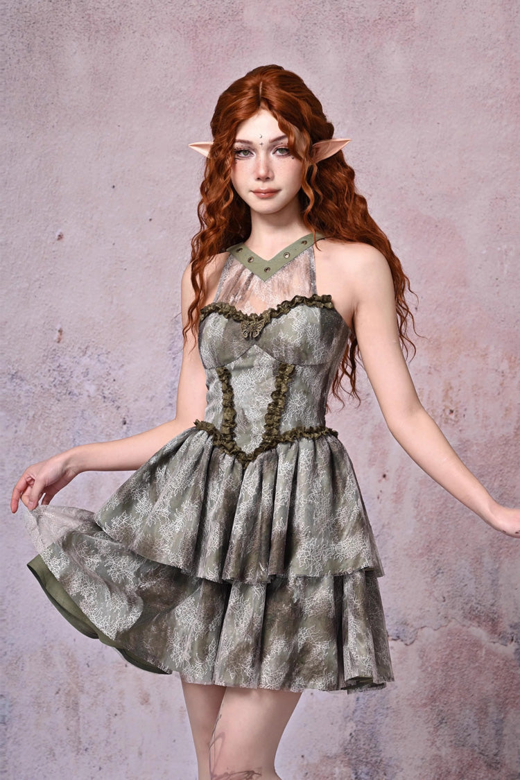 Sweet Lolita JSK - Light Green Halterneck, Green, Printed, Layered, Lace Trim - main product image