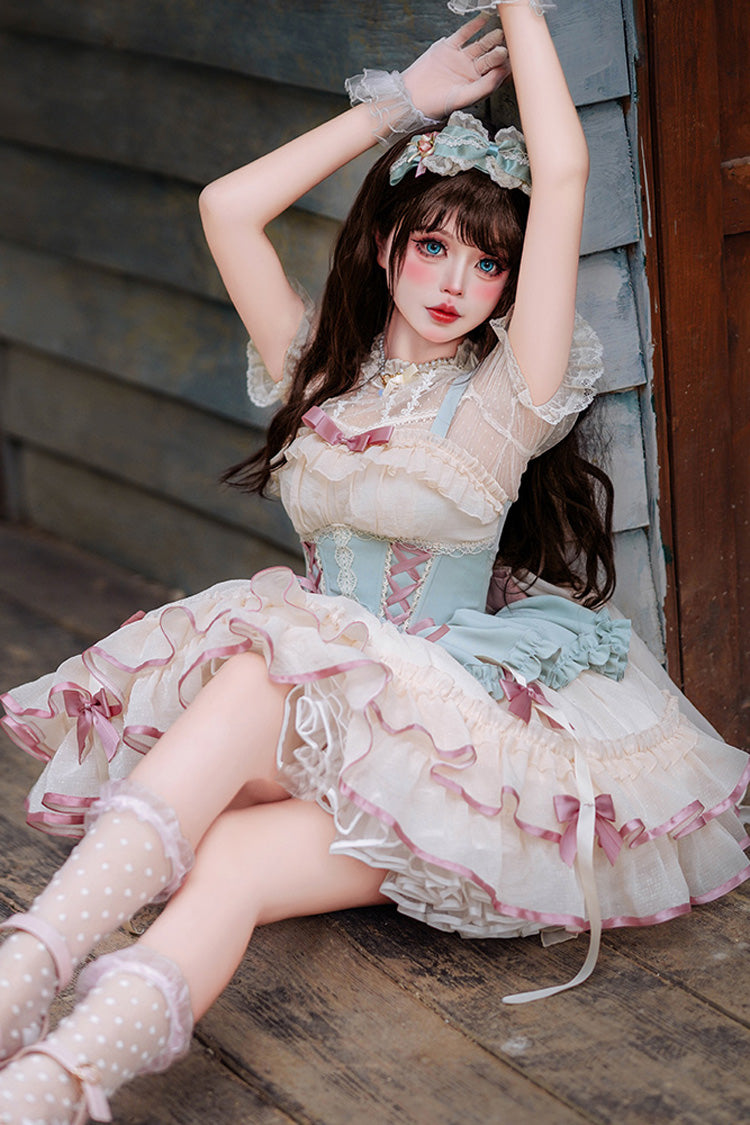 Sweet Lolita JSK - Light Green/ivory Dance Of Time, 2 Colors, Layered, Lace-Up - additional product view 3