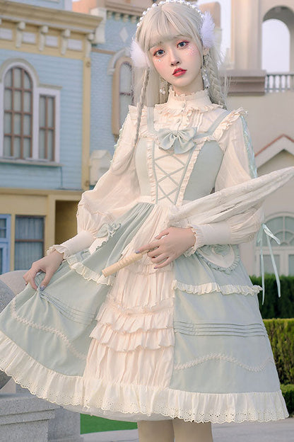 Sweet Lolita JSK - Light Green Japanese Country, Green, Ruffled, Bow Detail - additional product view 2