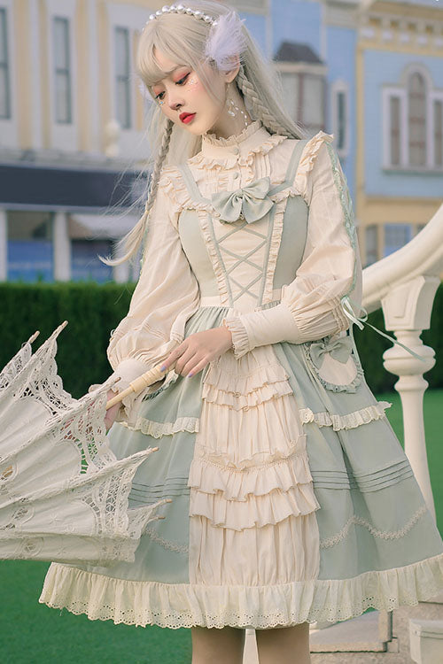 Sweet Lolita JSK - Light Green Japanese Country, Green, Ruffled, Bow Detail - additional product view 3
