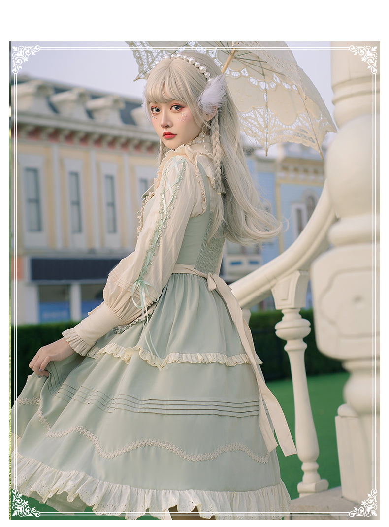Sweet Lolita JSK - Light Green Japanese Country, Green, Ruffled, Bow Detail - additional product view 5