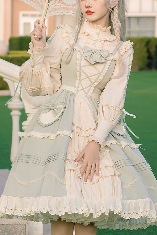 Sweet Lolita JSK - Light Green Japanese Country, Green, Ruffled, Bow Detail - main product image