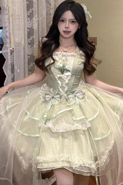 Sweet Lolita JSK - Lily Of The Valley Summer, Green, Lace Trim, Ruffled, Printed - additional product view 2