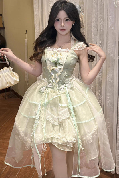 Sweet Lolita JSK - Lily Of The Valley Summer, Green, Lace Trim, Ruffled, Printed - additional product view 3