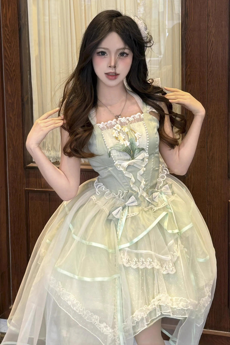 Sweet Lolita JSK - Lily Of The Valley Summer, Green, Lace Trim, Ruffled, Printed - additional product view 4