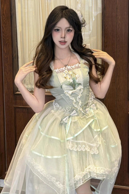 Sweet Lolita JSK - Lily Of The Valley Summer, Green, Lace Trim, Ruffled, Printed - additional product view 4