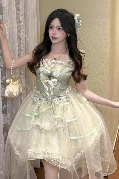 Sweet Lolita JSK - Lily Of The Valley Summer, Green, Lace Trim, Ruffled, Printed - additional product view 6