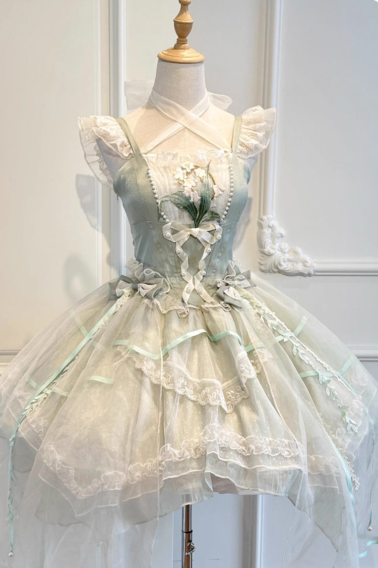 Sweet Lolita JSK - Lily Of The Valley Summer, Green, Lace Trim, Ruffled, Printed - main product image