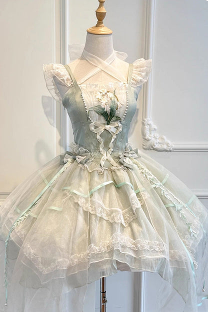 Sweet Lolita JSK - Lily Of The Valley Summer, Green, Lace Trim, Ruffled, Printed - main product image