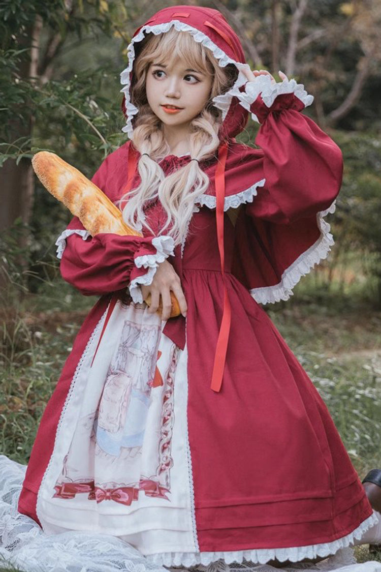 Sweet Lolita JSK - Little Red Riding Hood, Red, Ruffled, Printed, Bow Detail - additional product view 3