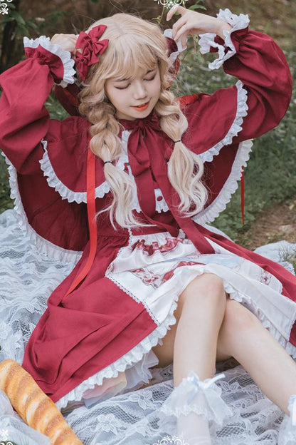 Sweet Lolita JSK - Little Red Riding Hood, Red, Ruffled, Printed, Bow Detail - additional product view 7