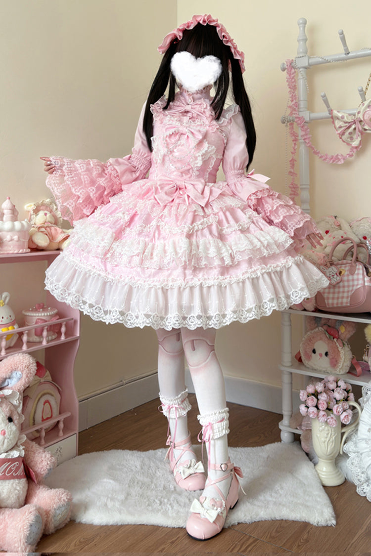 Sweet Lolita JSK - Love And Heart Flutter, Pink, Bow Detail, Lace Trim, Ruffled - additional product view 5