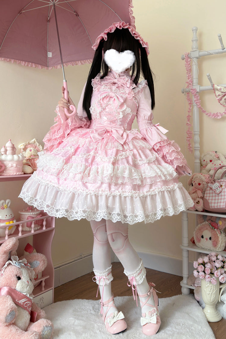 Sweet Lolita JSK - Love And Heart Flutter, Pink, Bow Detail, Lace Trim, Ruffled - main product image