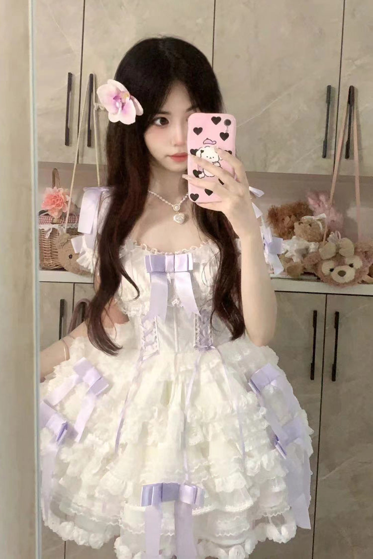 Sweet Lolita JSK - Love Song Multi-layered, 3 Colors, Ruffled, Bow Detail, Lace Trim - S Purple/White / M Purple/White / L Purple/White option