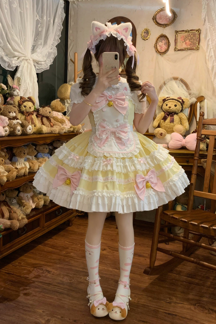 Sweet Lolita JSK - Meowling Sweet Maid, Yellow, Bow Detail, Lace Trim, Ruffled - additional product view 2