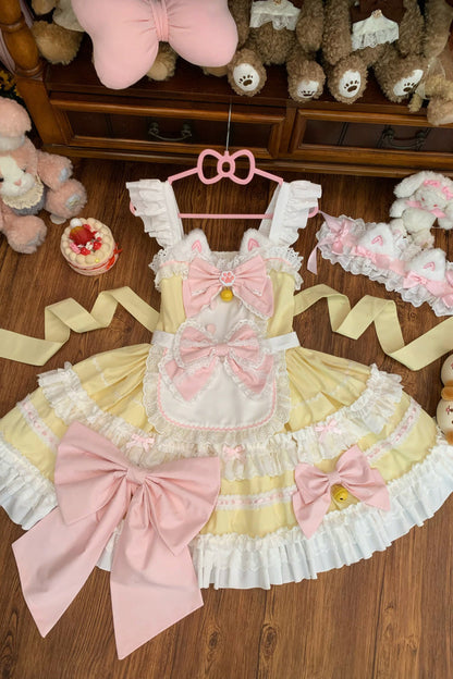 Sweet Lolita JSK - Meowling Sweet Maid, Yellow, Bow Detail, Lace Trim, Ruffled - additional product view 3