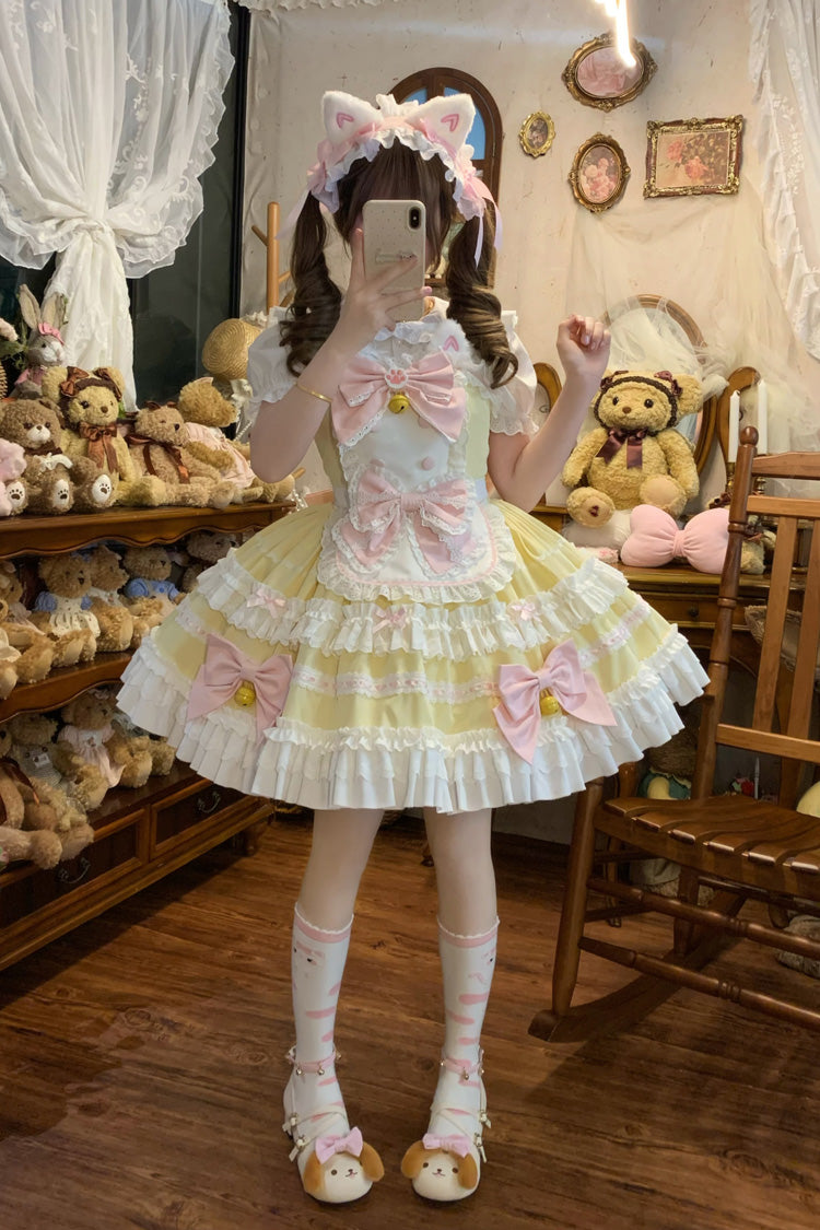 Sweet Lolita JSK - Meowling Sweet Maid, Yellow, Bow Detail, Lace Trim, Ruffled - additional product view 4