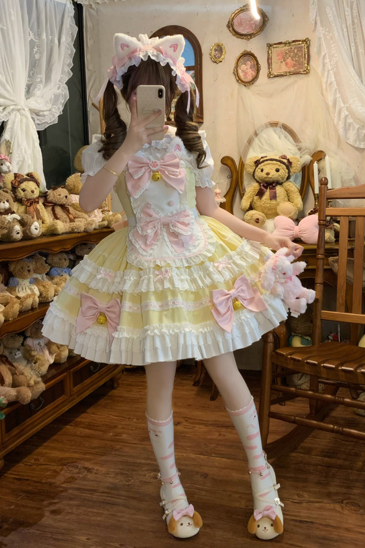 Sweet Lolita JSK - Meowling Sweet Maid, Yellow, Bow Detail, Lace Trim, Ruffled - additional product view 5