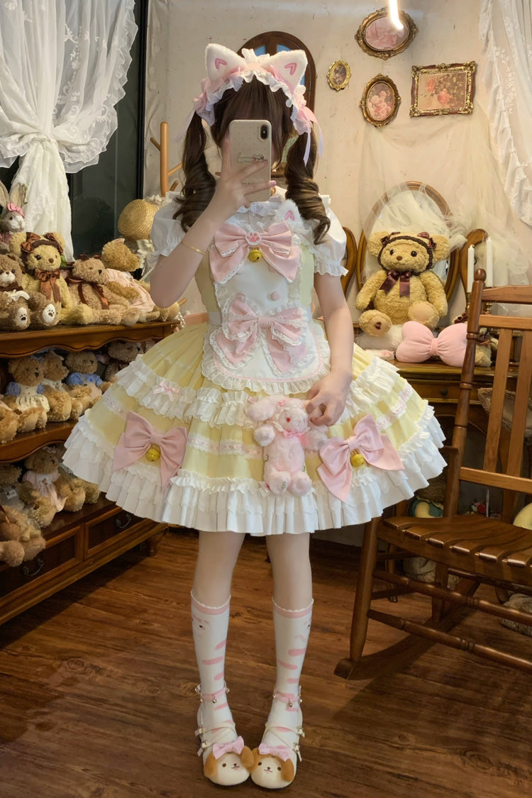 Sweet Lolita JSK - Meowling Sweet Maid, Yellow, Bow Detail, Lace Trim, Ruffled - additional product view 6