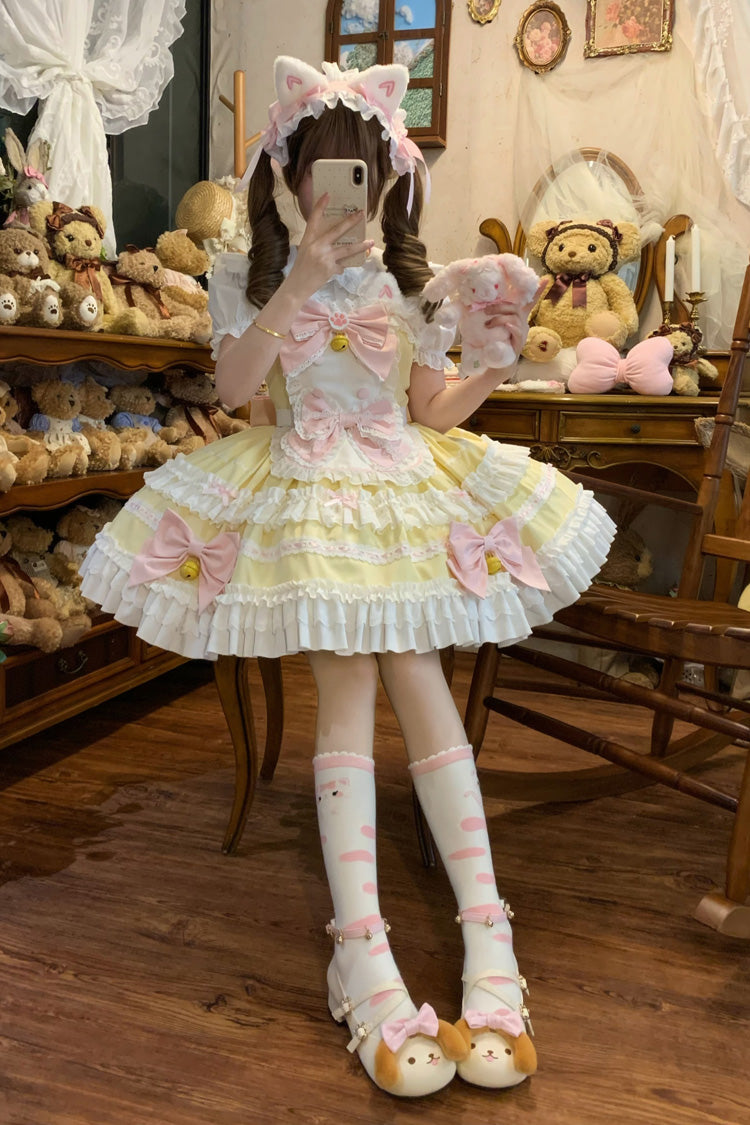 Sweet Lolita JSK - Meowling Sweet Maid, Yellow, Bow Detail, Lace Trim, Ruffled - additional product view 8