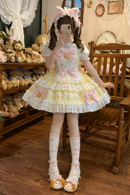Sweet Lolita JSK - Meowling Sweet Maid, Yellow, Bow Detail, Lace Trim, Ruffled - additional product view 9