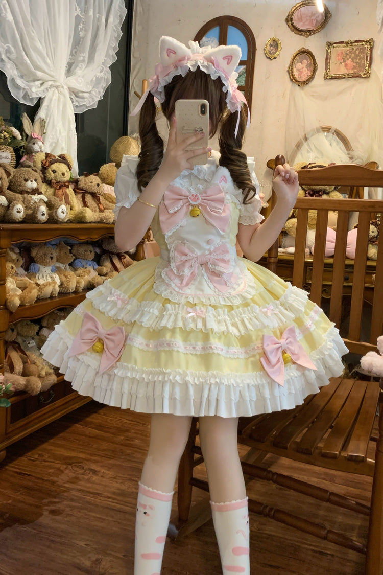 Sweet Lolita JSK - Meowling Sweet Maid, Yellow, Bow Detail, Lace Trim, Ruffled - main product image