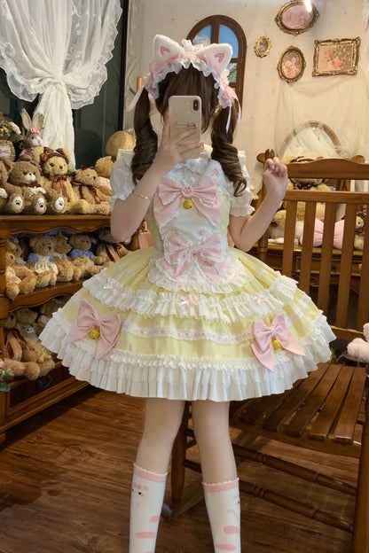 Sweet Lolita JSK - Meowling Sweet Maid, Yellow, Bow Detail, Lace Trim, Ruffled - main product image