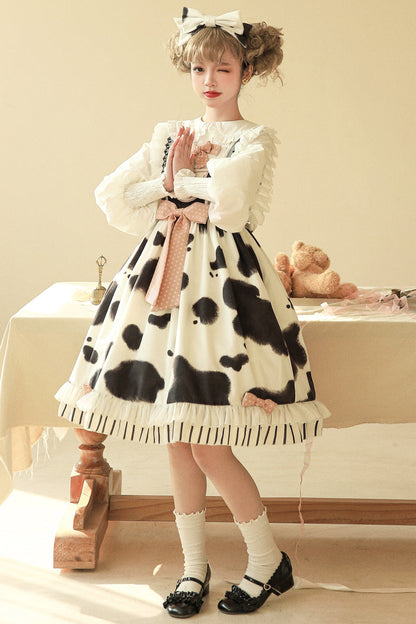 Sweet Lolita JSK - Milk Cow Print, 5 Colors, Ruffled, Printed, Bow Detail - additional product view 12