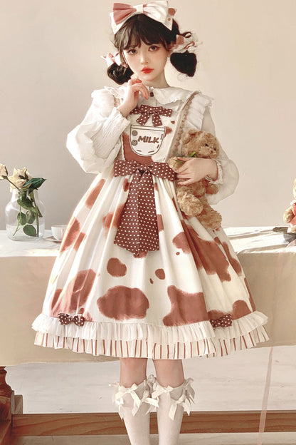 Sweet Lolita JSK - Milk Cow Print, 5 Colors, Ruffled, Printed, Bow Detail - main product image
