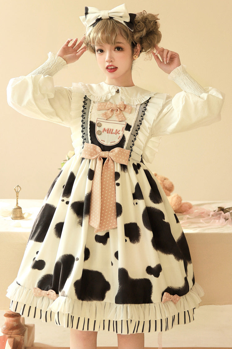 Sweet Lolita JSK - Milk Cow Print, 5 Colors, Ruffled, Printed, Bow Detail - S Black / M Black / L Black option