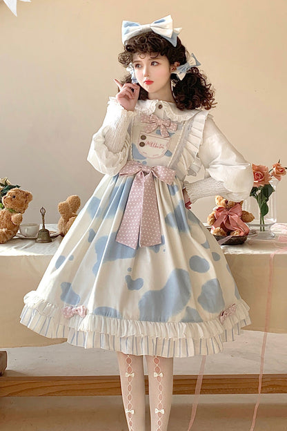 Sweet Lolita JSK - Milk Cow Print, 5 Colors, Ruffled, Printed, Bow Detail - S Blue / M Blue / L Blue option