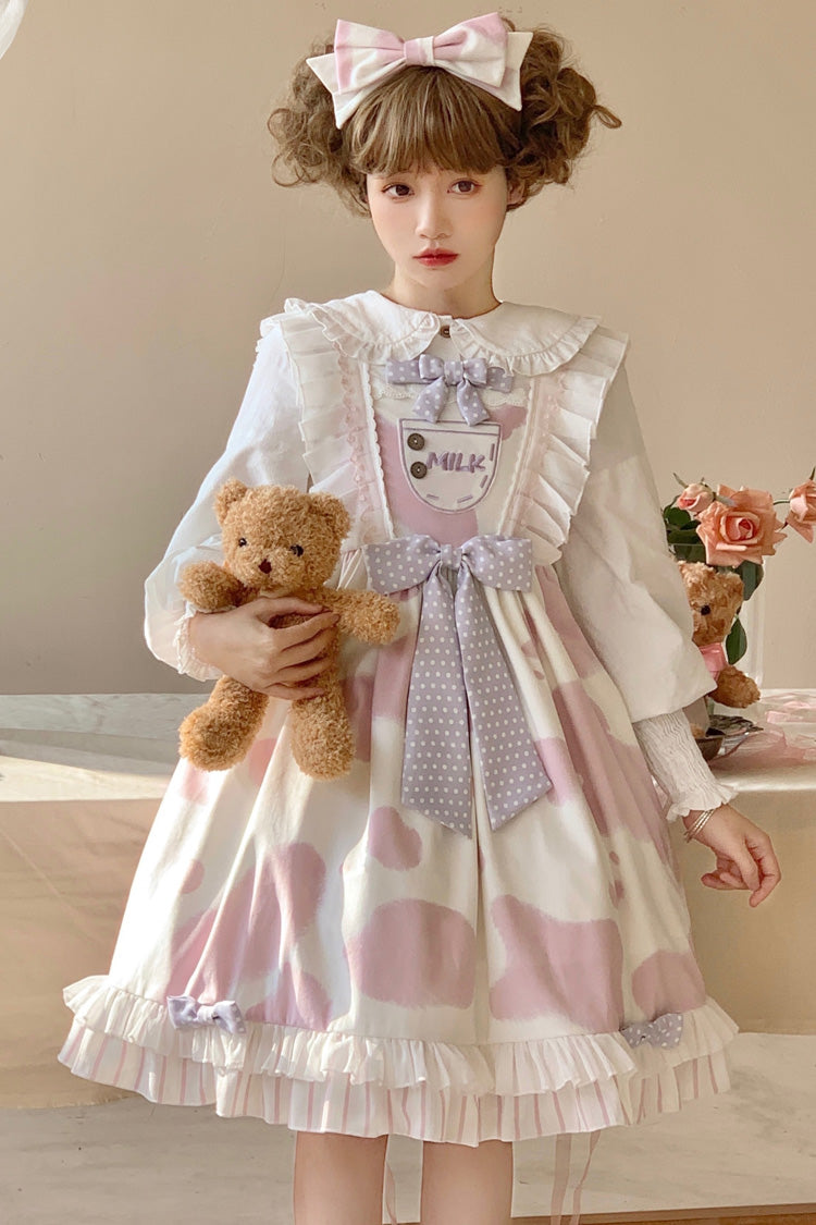 Sweet Lolita JSK - Milk Cow Print, 5 Colors, Ruffled, Printed, Bow Detail - S Pink / M Pink / L Pink option