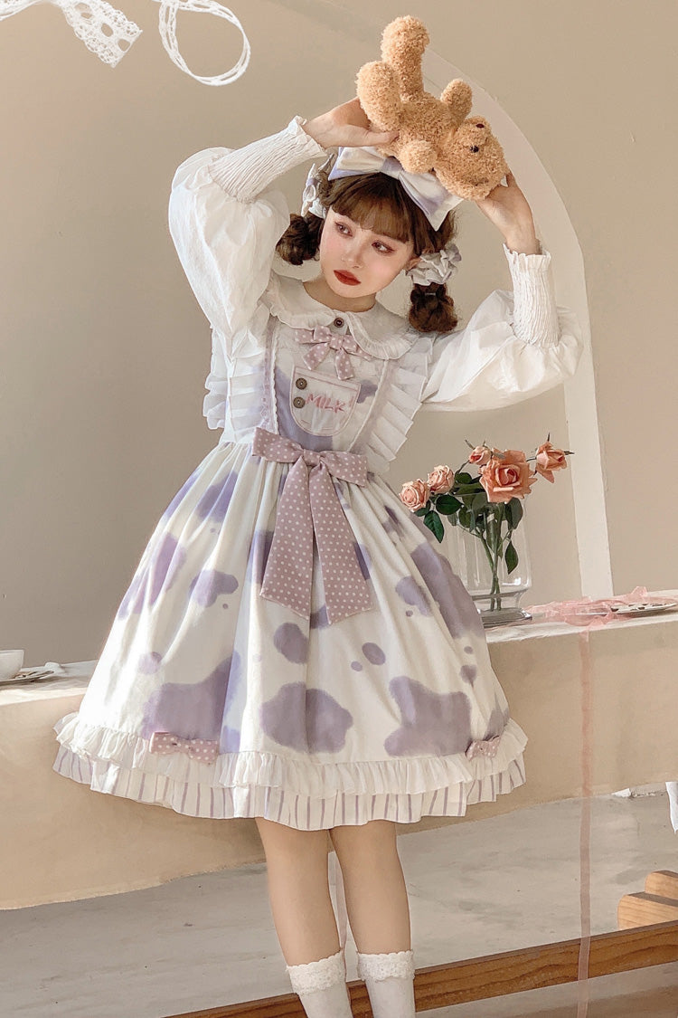 Sweet Lolita JSK - Milk Cow Print, 5 Colors, Ruffled, Printed, Bow Detail - S Purple / M Purple / L Purple option