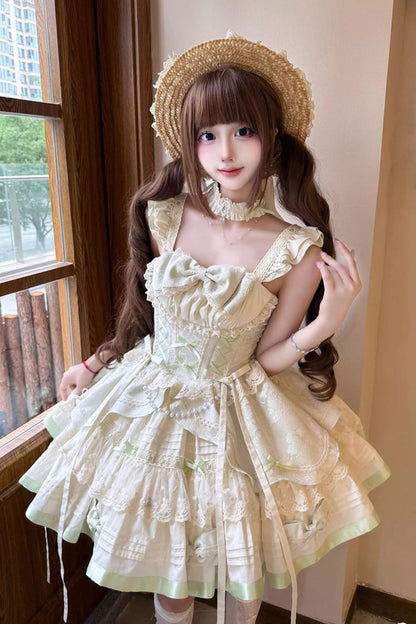 Sweet Lolita JSK - Mint Milk Green, Green, Ruffled, Ballet-Inspired Style, Bow Detail - additional product view 3