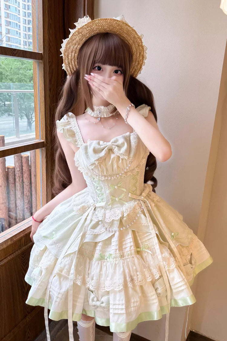Sweet Lolita JSK - Mint Milk Green, Green, Ruffled, Ballet-Inspired Style, Bow Detail - additional product view 6
