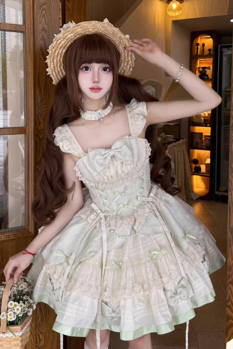 Sweet Lolita JSK - Mint Milk Green, Green, Ruffled, Ballet-Inspired Style, Bow Detail - main product image