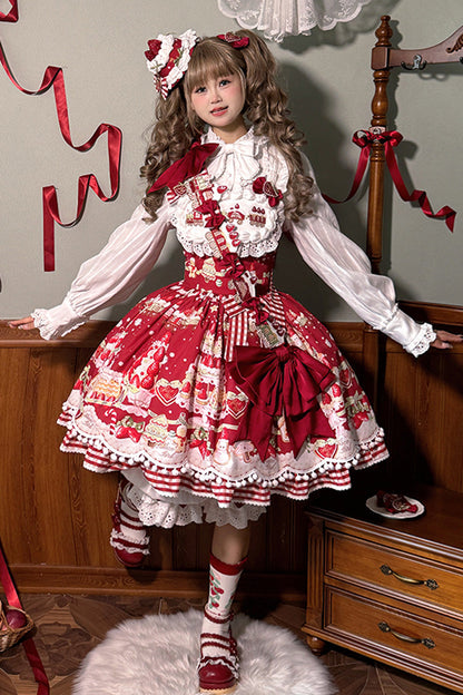 Sweet Lolita JSK - Mint Strawberry Dessert Print, 4 Colors, Ruffled, Printed, Bow Detail - additional product view 5