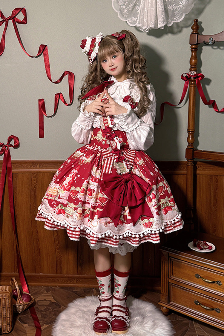 Sweet Lolita JSK - Mint Strawberry Dessert Print, 4 Colors, Ruffled, Printed, Bow Detail - additional product view 6