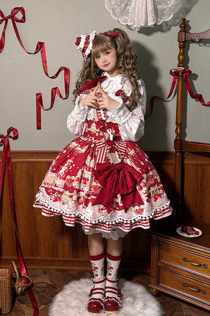 Sweet Lolita JSK - Mint Strawberry Dessert Print, 4 Colors, Ruffled, Printed, Bow Detail - additional product view 6