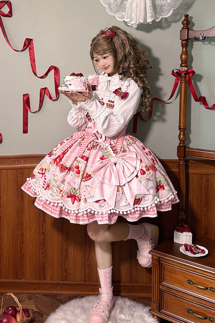 Sweet Lolita JSK - Mint Strawberry Dessert Print, 4 Colors, Ruffled, Printed, Bow Detail - additional product view 7