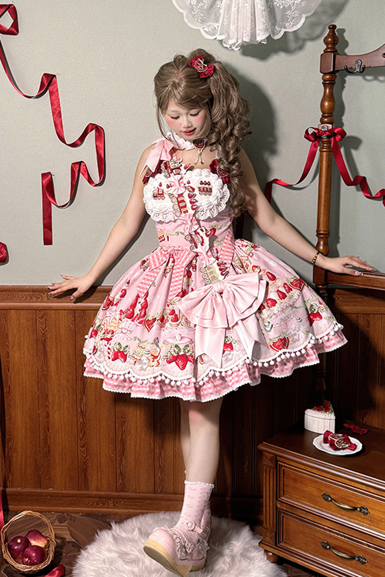 Sweet Lolita JSK - Mint Strawberry Dessert Print, 4 Colors, Ruffled, Printed, Bow Detail - additional product view 9