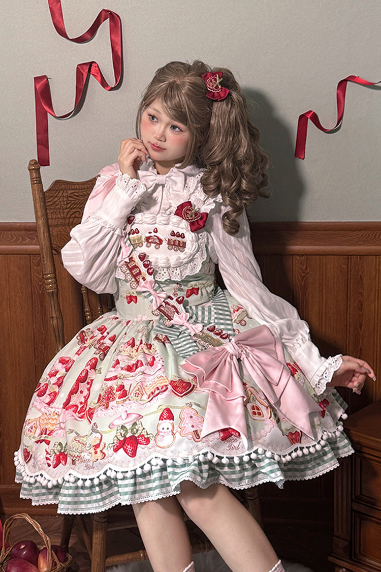 Sweet Lolita JSK - Mint Strawberry Dessert Print, 4 Colors, Ruffled, Printed, Bow Detail - additional product view 10