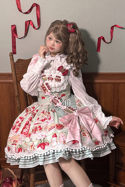 Sweet Lolita JSK - Mint Strawberry Dessert Print, 4 Colors, Ruffled, Printed, Bow Detail - additional product view 10