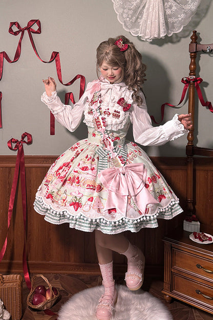 Sweet Lolita JSK - Mint Strawberry Dessert Print, 4 Colors, Ruffled, Printed, Bow Detail - additional product view 12