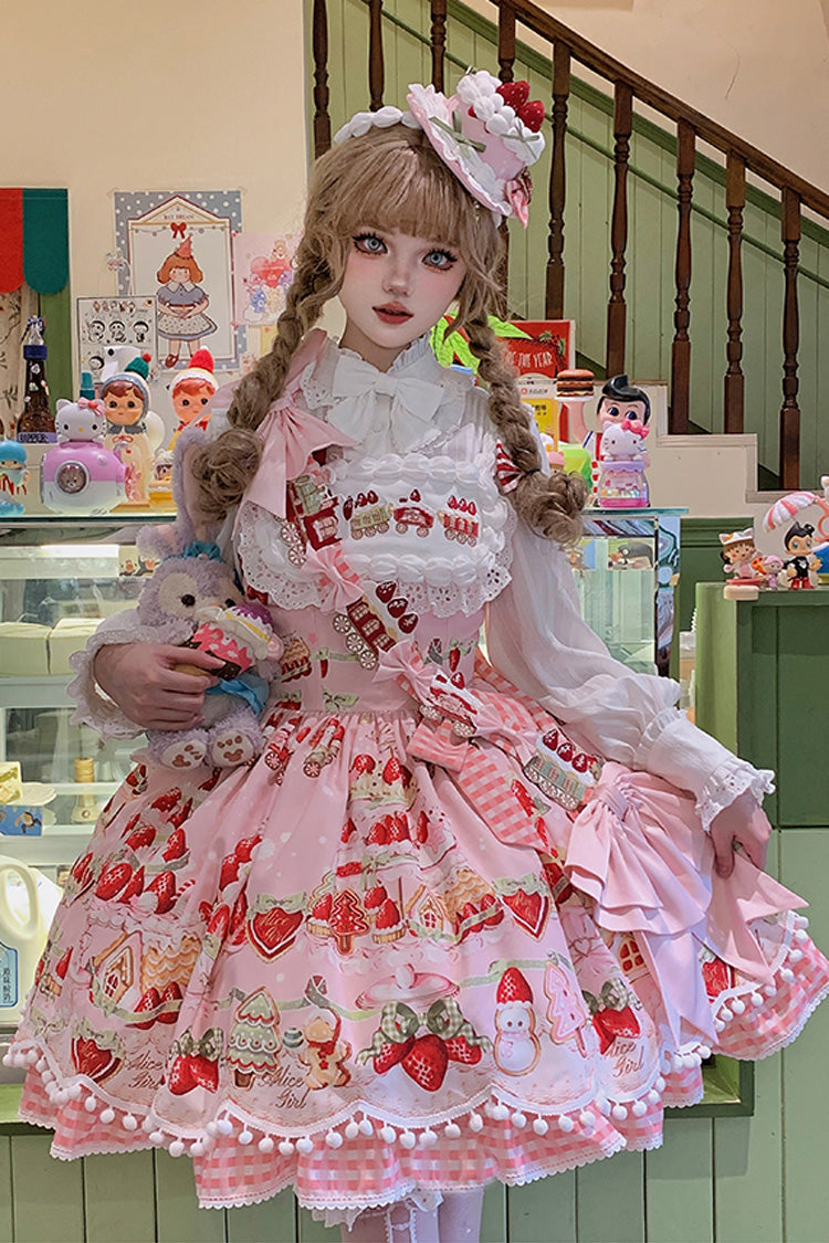Sweet Lolita JSK - Mint Strawberry Dessert Print, 4 Colors, Ruffled, Printed, Bow Detail - additional product view 13
