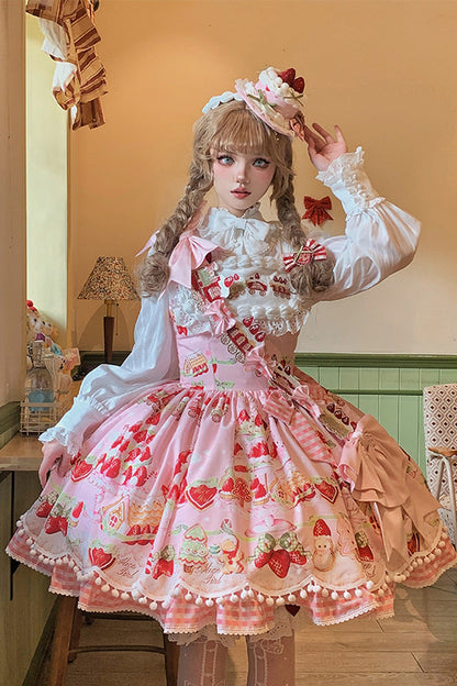Sweet Lolita JSK - Mint Strawberry Dessert Print, 4 Colors, Ruffled, Printed, Bow Detail - additional product view 14